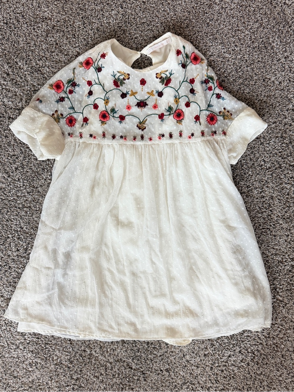 Zara Ivory Top with Pink & Green Floral Embroidery Keyhole Back